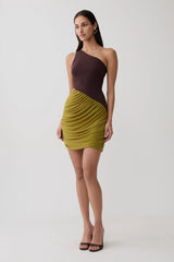 Halo Asymmetric Two Toned Mini Dress - Green/Chocolate