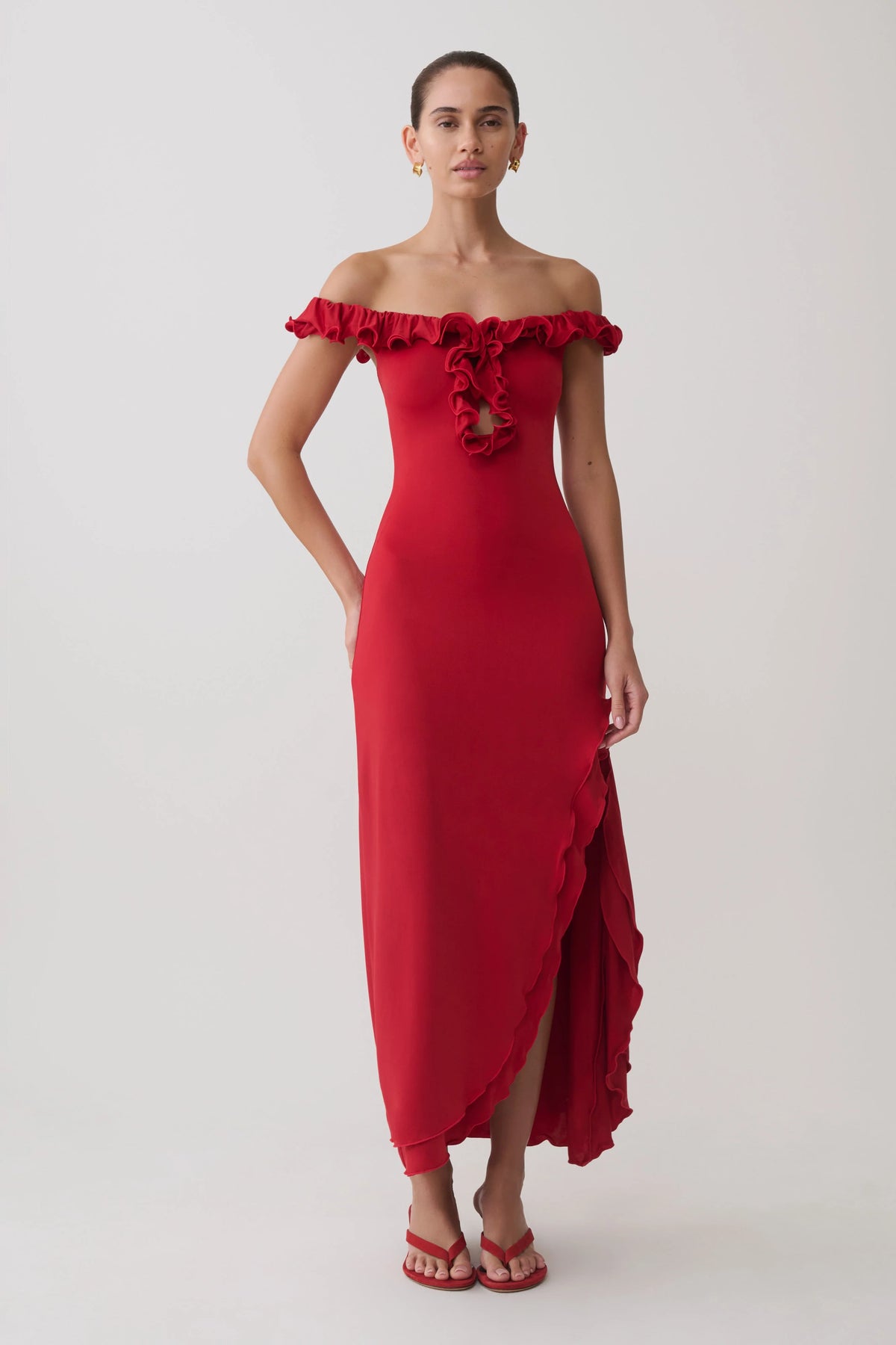 Allegra Off Shoulder Ruffle Midi Dress - Ruby