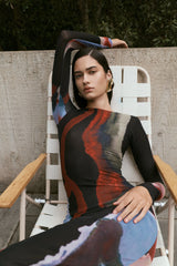 Soraya Long Sleeve Mesh Maxi Dress - Multi Fluid Reverie Print