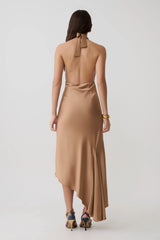 Adelie Asymmetric Hem Halter Midi Dress - Cognac
