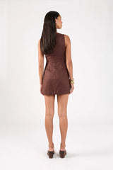 Perfect Stranger Niva Linen High Neck Mini Dress Brown