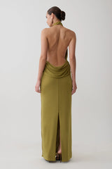 Joan Halter Neck Slinky Maxi Dress - Martini Olive