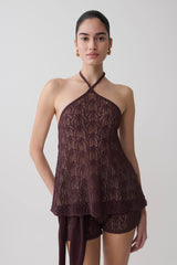 Corey Crochet Halter Neck Top - Chocolate