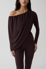 Yuri Long Sleeve Off Shoulder Draped Top - Chocolate