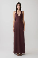 Myla Draped Shoulders Satin Maxi Dress - Chocolate