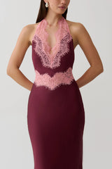 Louise Satin And Lace Maxi Dress - Burgundy