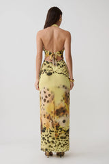 Valentina Chiffon Halter Maxi Dress - Yellow Floral Leopard Print