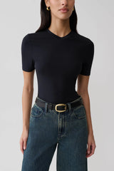 Janelle High V Neck Short Sleeve Top - Black