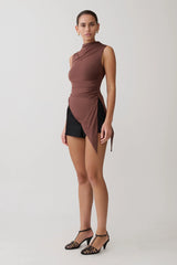 Suong High Neck Gathered Top - Mocha