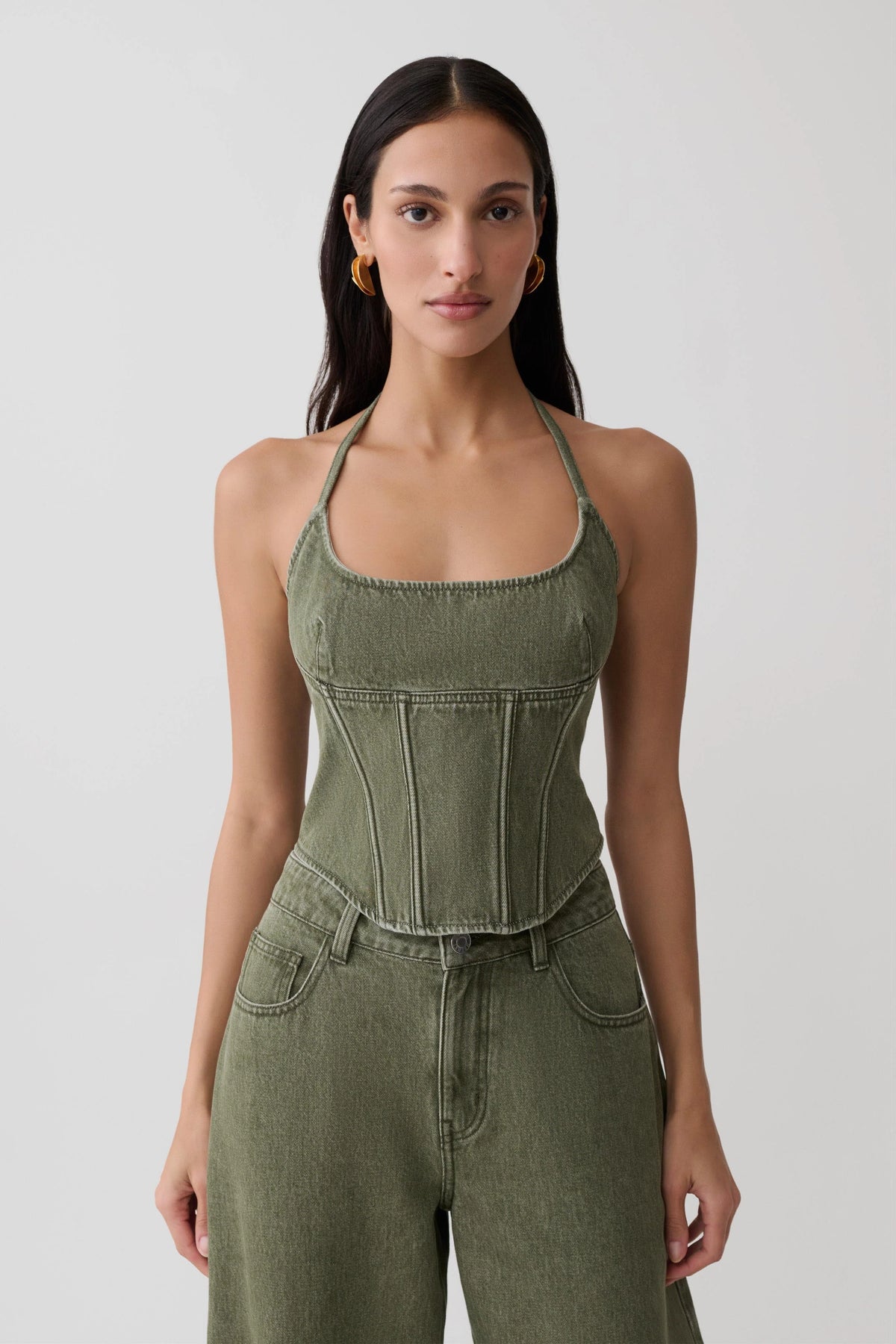 Stephanie Corset Denim Top - Washed Khaki