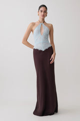 Sascha Lace And Satin Halter Maxi Dress - Ice Blue/Chocolate
