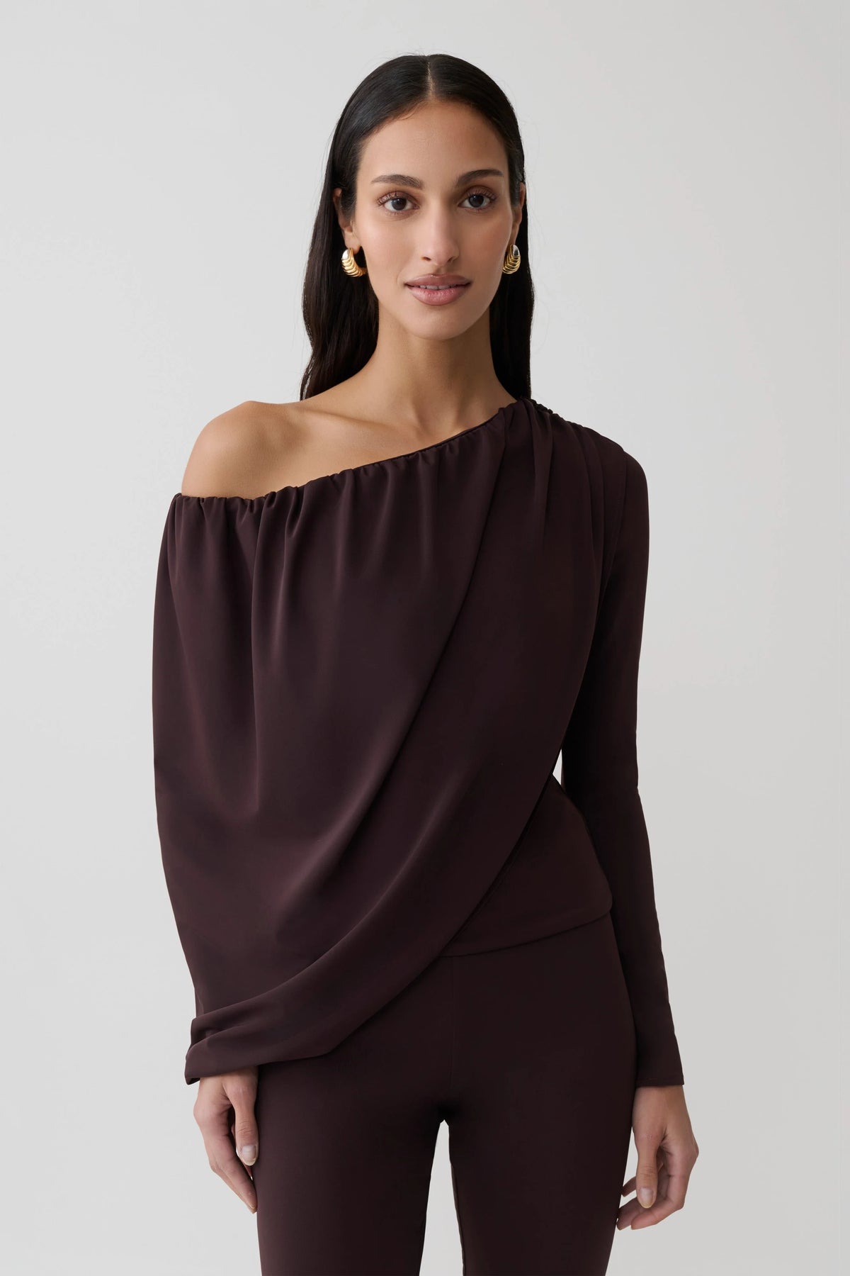 Yuri Long Sleeve Off Shoulder Draped Top - Chocolate