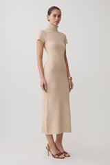Goldie High Neck Knit Midi Dress - Camel