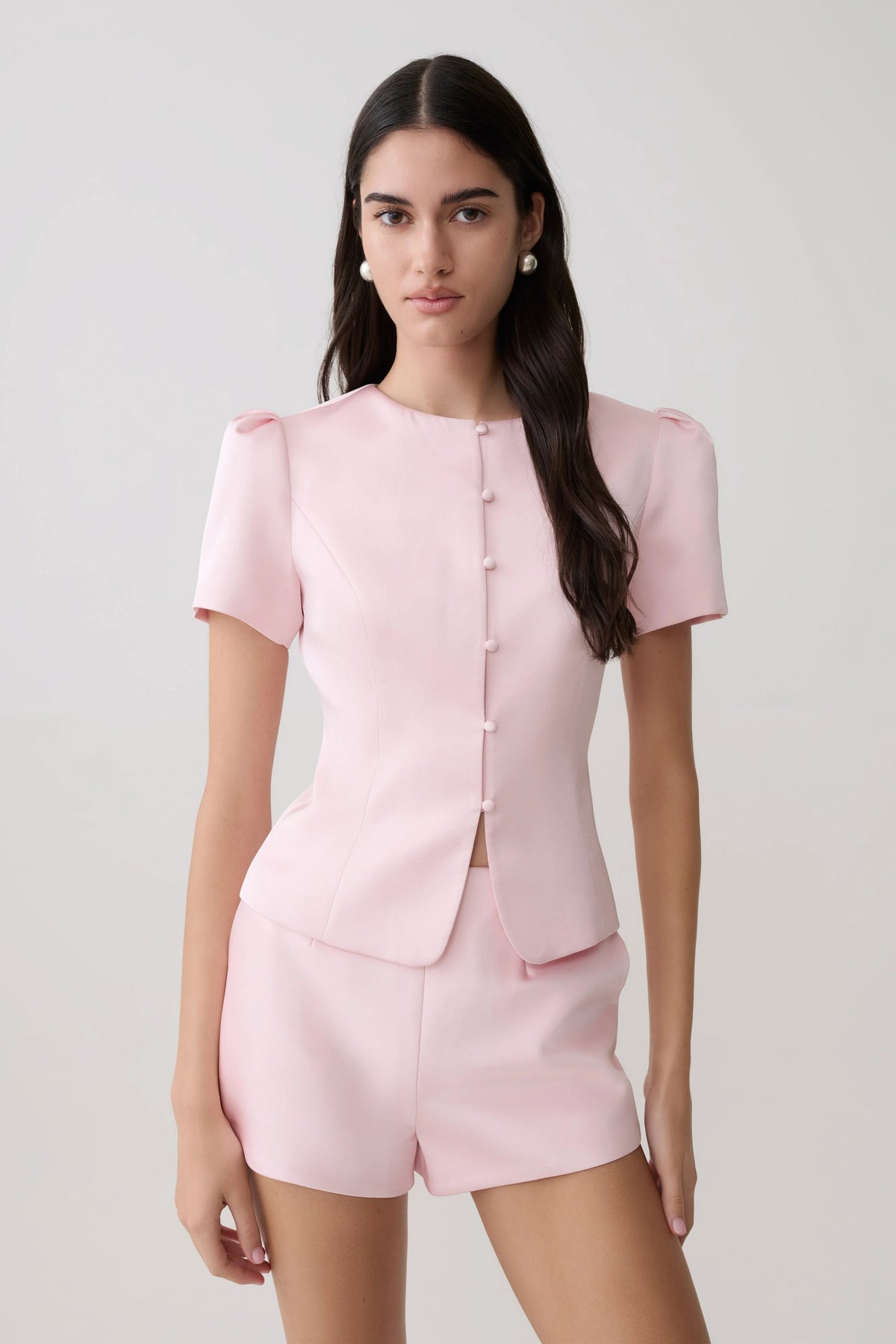 Anne Short Sleeve Satin Top - Pale Pink