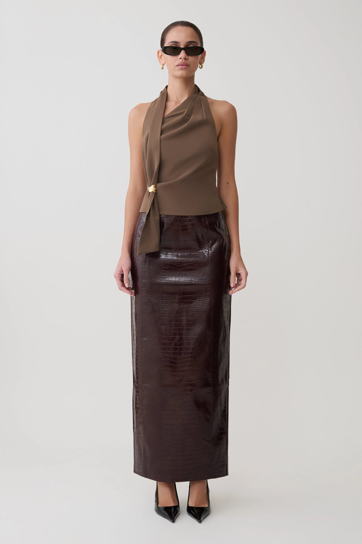 Marina Halter Top With Hardware - Cacao Brown