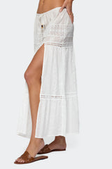 Embroidered Cotton Lace Slitted Maxi Skirt