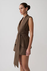Alina Waist Tie Sleeveless Top - Chocolate