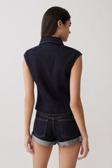 Jeremy Collared Denim Longline Top - Washed Indigo Blue