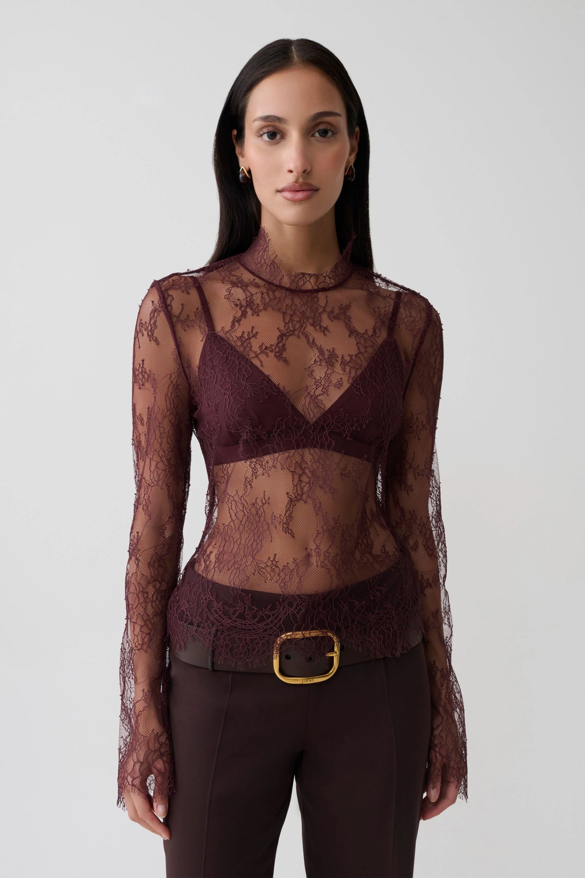 Alizette High Neck Long Sleeve Lace Top - Burgundy