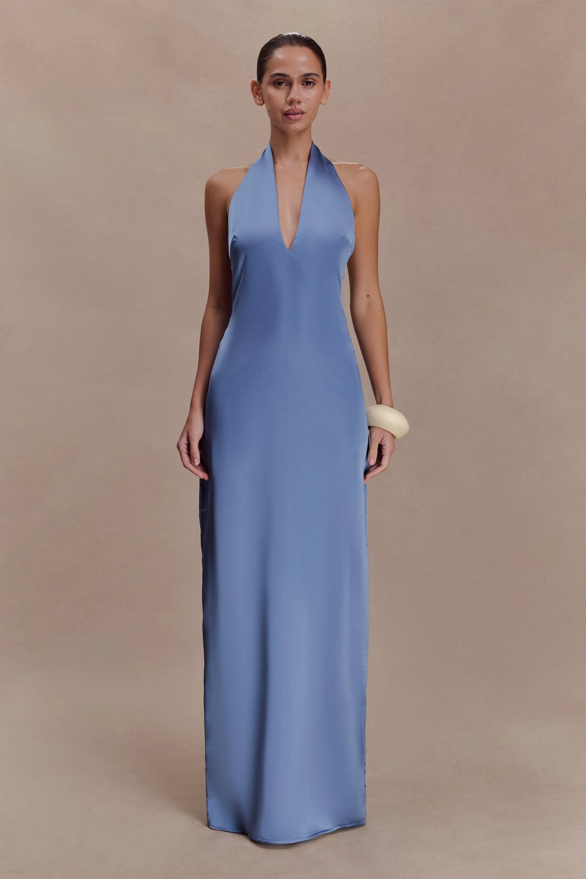 Jade Satin Halter Maxi Dress - Steel Blue