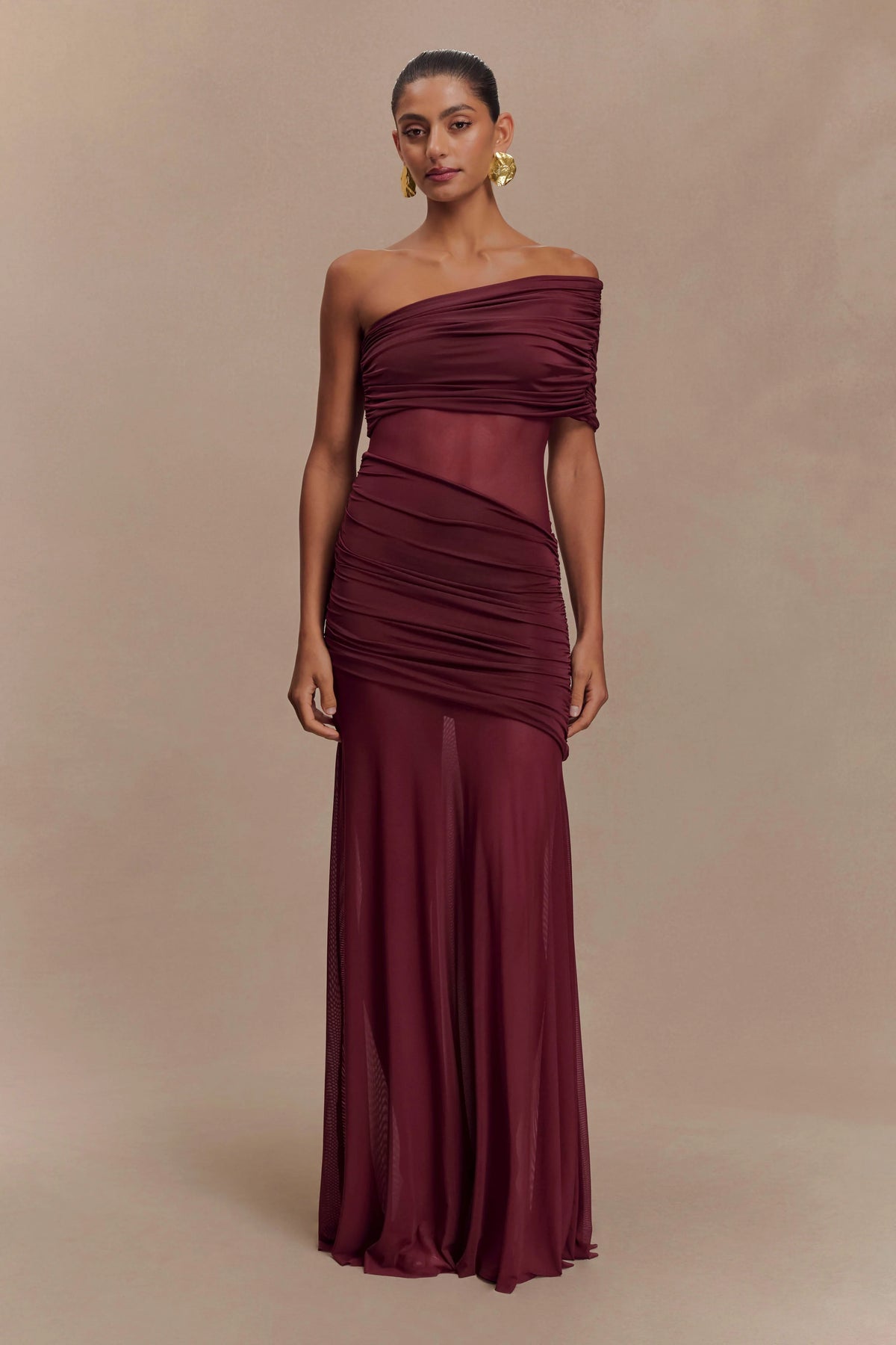 Dallas One Shoulder Mesh Maxi Dress - Burgundy