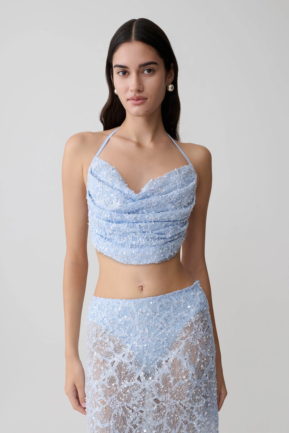 Kiara Pearl Beaded Cowl Crop Top - Powder Blue