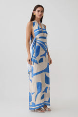 Gianna Satin Halter Maxi Dress - Blue Geo Tile Print