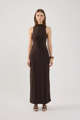 Perfect Stranger Havana High Neck Open Back Maxi Dress Brown