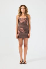 Perfect Stranger Claire Linen Halter Mini Dress Brown Print