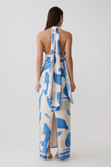 Gianna Satin Halter Maxi Dress - Blue Geo Tile Print