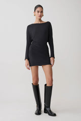 Thao Long Sleeve Gathered Mini Dress - Dark Charcoal