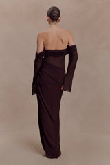 Kirsten Off Shoulder Chiffon Maxi Dress - Cacao Brown