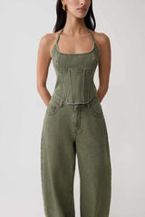 Stephanie Corset Denim Top - Washed Khaki