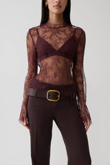 Alizette High Neck Long Sleeve Lace Top - Burgundy