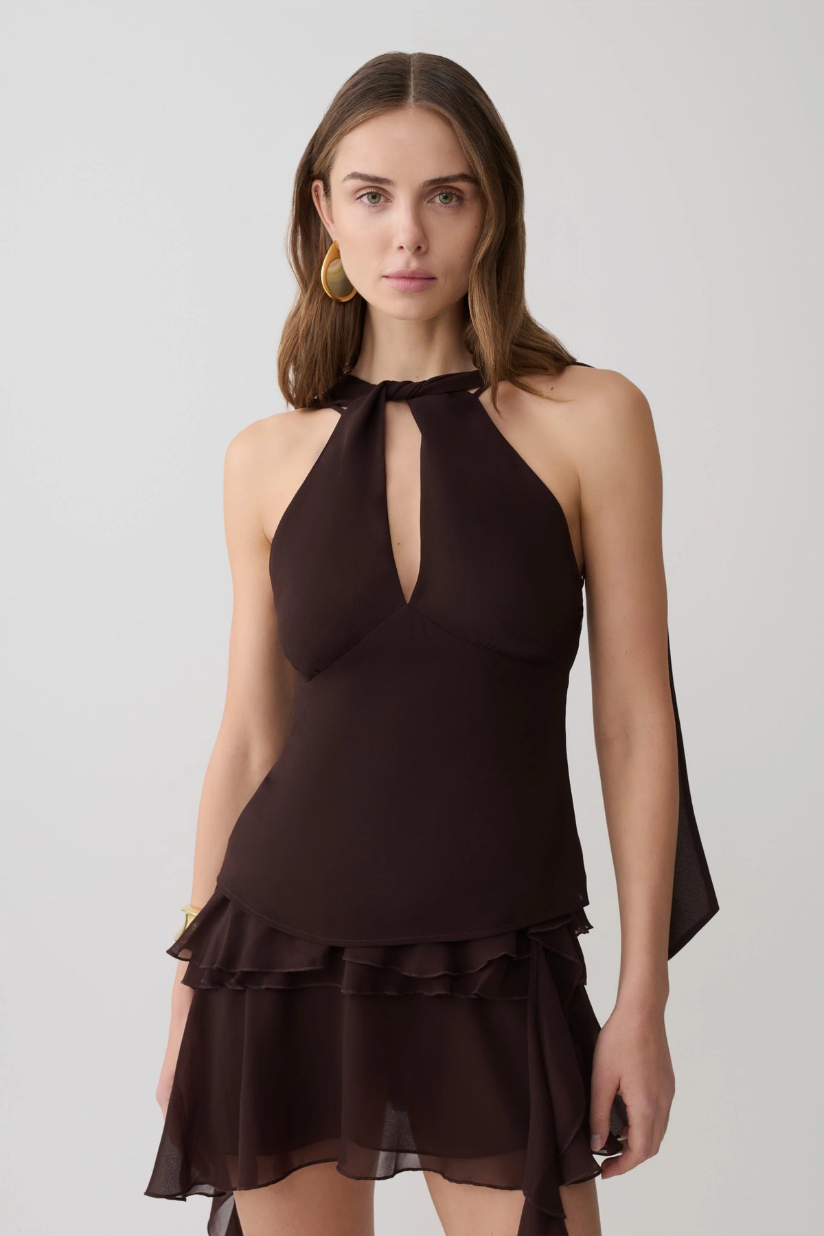 Nora Halter Chiffon Top - Cacao Brown
