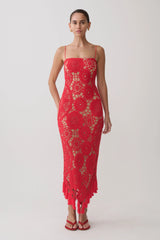 Delta Crochet Halter Midi Dress - Red
