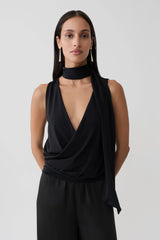 Raisa Overlap Top With Neck Scarf - Black