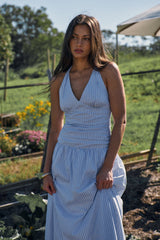 Perfect Stranger Skye Stripe Halter Maxi Dress Blue Stripe