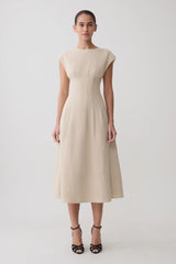 Zinia Linen Cap Sleeve Midi Dress - Natural
