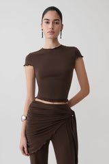 Anfie High Neck Top With Piping Detail - Dark Chocolate