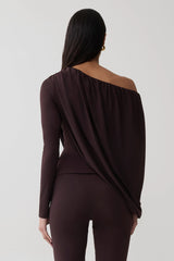 Yuri Long Sleeve Off Shoulder Draped Top - Chocolate