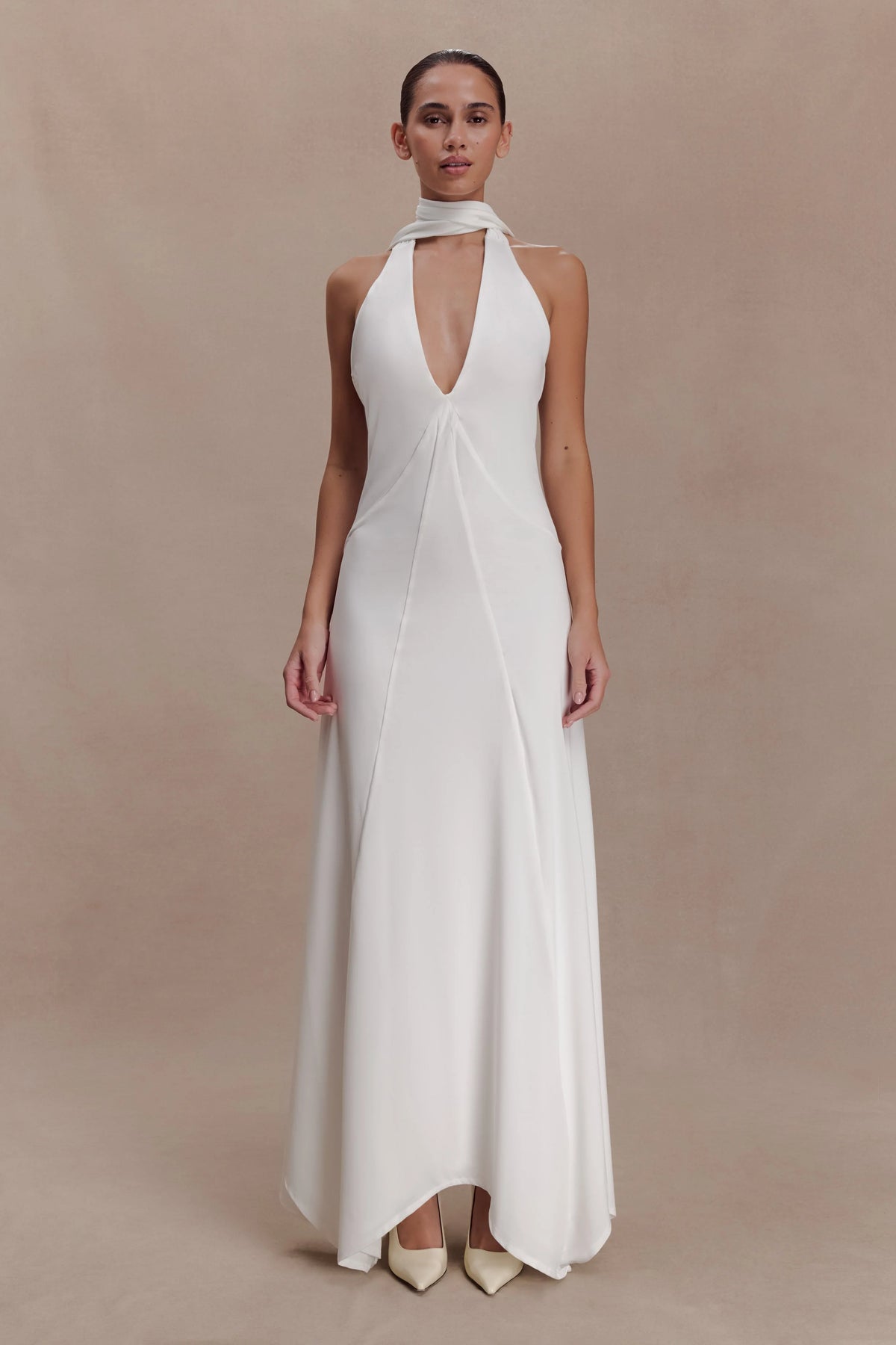 Juliet Slinky Maxi Dress With Scarf - White