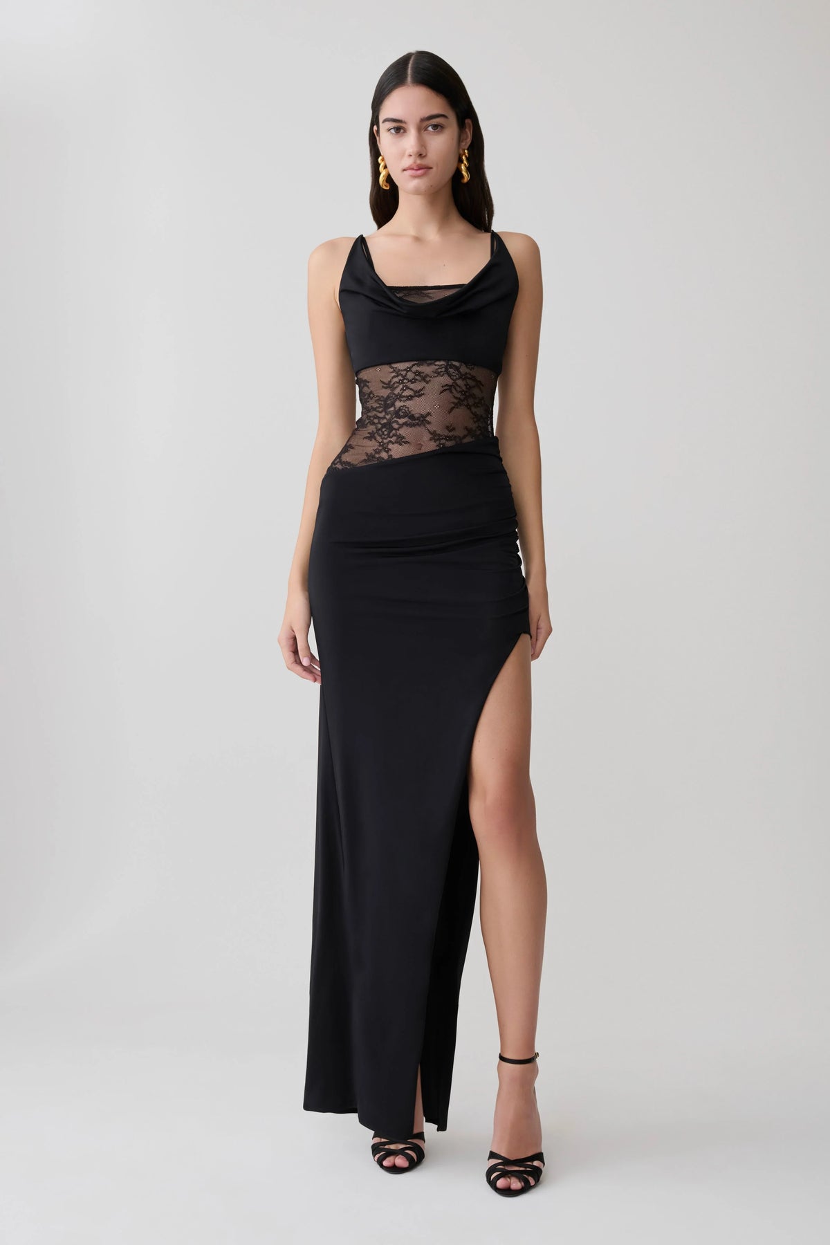 Kelela Draped Slinky And Lace Maxi Dress - Black