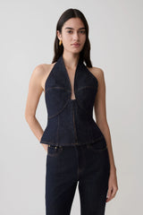 Rema Halter Longline Denim Top - Washed Indigo Blue