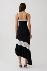 Annis Frilled Hem Lace Midi Dress - Black/White
