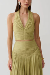 Makena Gathered V Neck Top - Green