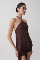 Corey Crochet Halter Neck Top - Chocolate
