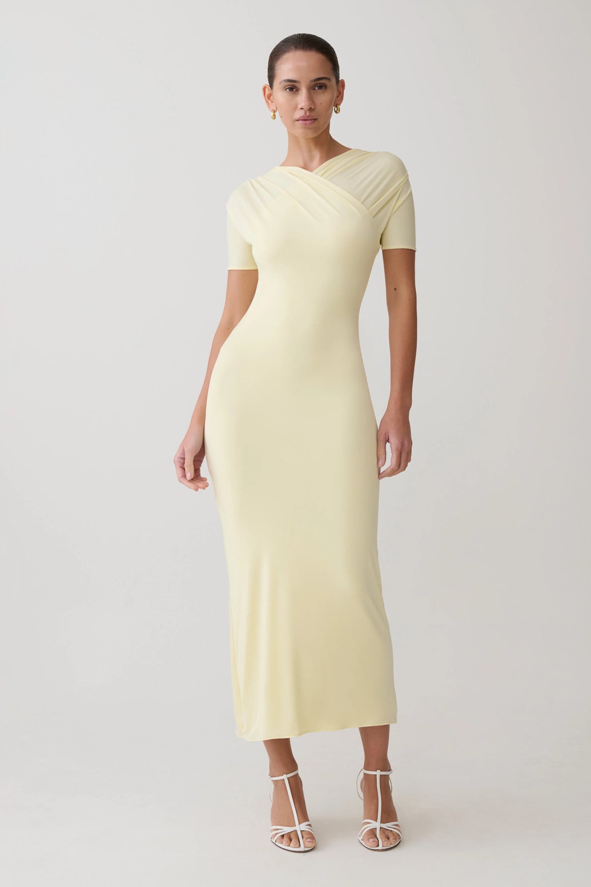 Junie Cross-Over Neck Slinky Maxi Dress - Lemon