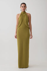 Joan Halter Neck Slinky Maxi Dress - Martini Olive