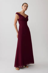 Mabel Off Shoulder Chiffon Maxi Dress - Merlot